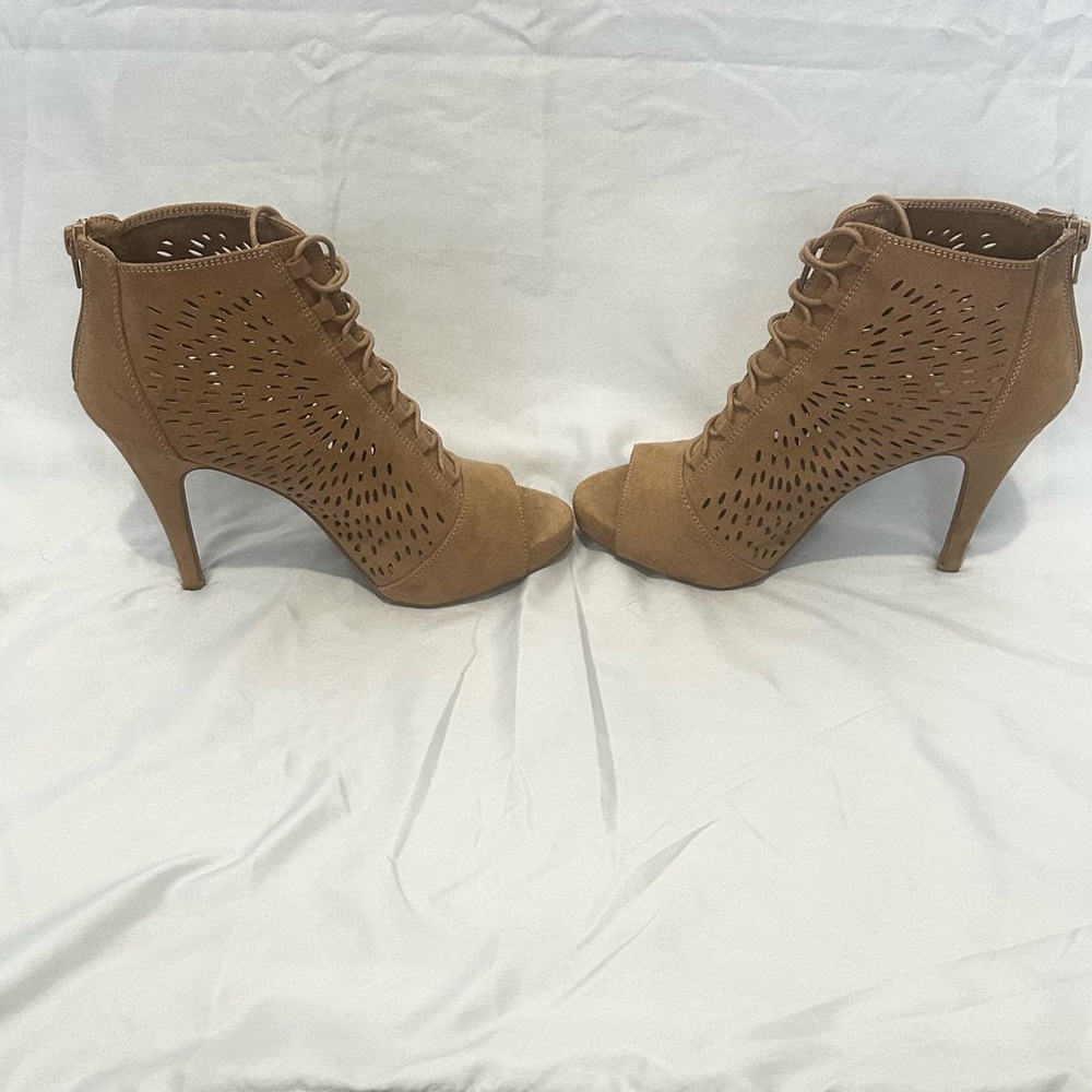 New Women's Tan Peep-Toe Heeled Booties
